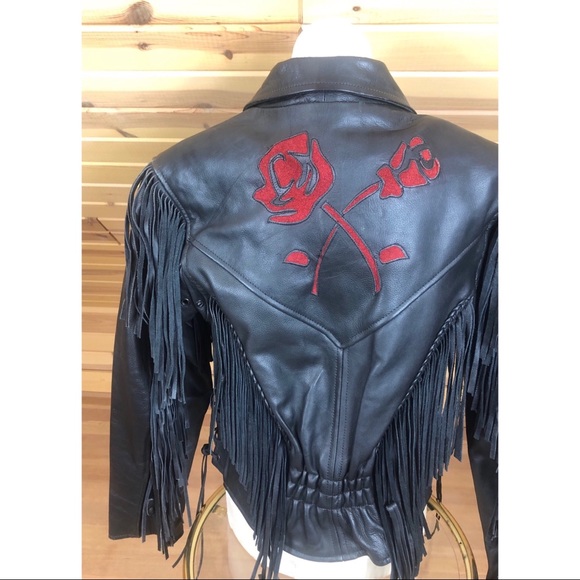 Vintage Echtes Leder Leather Moto Fringe Jacket w/ Red Roses Sz Small - Picture 5 of 7